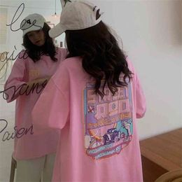 Casual Loose Oversized T Shirt Women Cartoon Printed Three Quarter Sleeve Tee Shirt Female Pink White Orange Streetwear T-shirts 210406