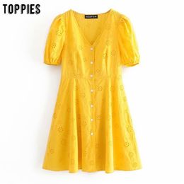 summer white yellow cotton mini dresses hollow out embroidered dress short sleeve v-neck vestidos 210421