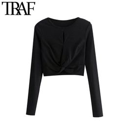 TRAF Women Fashion Hollow Out Ribbed Cropped Blouses Vintage O Neck Long Sleeve Female Shirts Blusas Chic Tops 210415