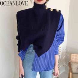 Korean Chic Sweaters Women Turtleneck Winter Patchwork Striped Mujer Sueteres Fake 2 Pcs Autumn Pull Femme 19167 210415
