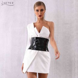 Autumn Women One Shoulder Bandage Dress Sexy V Neck Sash Bodycon Club Vestido Celebrity Evening Party 210423