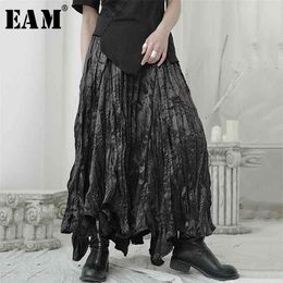 [EAM] High Elastic Waist Black Pleated Irregular Long Temperament Half-body Skirt Women Fashion New Spring Autumn 1U965 210412