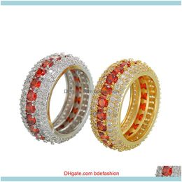 With Side Stones Jewelrysize 7-12 Hip Hop 5 Rows Red Cubic Zircon Big Ring Gold Sier Colors For Men Finger Rings Drop Delivery 2021 Rzu7J