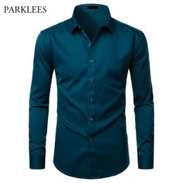 Solid Color Bamboo Fiber Mens Dress Shirt Formal Business Shirts for Men with Pocket Button Up Comfortable Soft Chemise Homme 210524