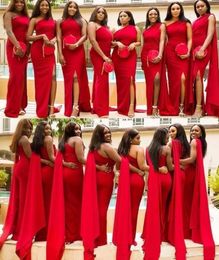 2021 Elegant Arabic Red Mermaid Bridesmaid Dresses One Shoulder Side Split Floor Length Long Wedding Guest Dress Formal Maid of Honour Gowns