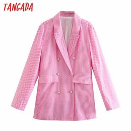 Women Pink Plaid Female Long Sleeve Double Breasted Jacket Ladies Casual Blazer Suits 3D17 210416