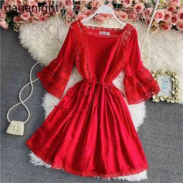 Hollow Out Women Lace Mini Short Beach Party Dress Summer Fashion Solid Robe Ladies Chic Holiday Vestidos Slim 210601