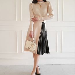 Fashion Women Solid Colors Knitted Dress Elegant O-Neck Long Sleeves Party Bottoming Big Swing Pleated Vestidos 210603