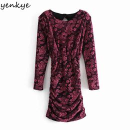 Sexy Backless Floral Rose Dress Women Round Neck Long Sleeve Draped Bodycon Mini Fashion Party Club Vestido 210430