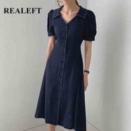 Summer Single Breasted Women's Shirts Dress Short Sleeve Solid Korean Style V-Neck Casual A-Line Midi Dresses 210428