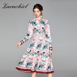 Fashion Designer Autumn Floral Women's Long Sleeve Vintage Rose Flower Print Ladies Holiday Party Midi Dress vestidos 210416