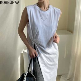 Korejpaa Women Dress Summer Korean Chic Ladies Simple Round Neck Side Twist Design Loose Solid Color Split T-Shirt Vestidos 210526