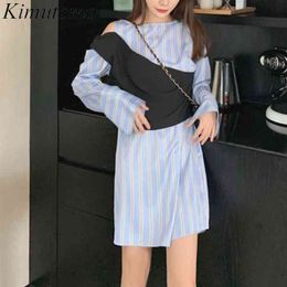 Kimutomo Fashion Vintage Irregular Striped Shirt Dress Women Fake Two Piece Off Shoulder Long Sleeve Mini Vestido De Mujer 210521