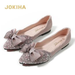 Lolita Rhinestone Flats Shoes Women 2022 Butterfly-Knot Cute Crystal Pointed Toe Bling Bling Ballet Flats Girls Big Size Boat Shoes