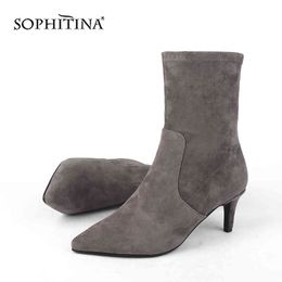 SOPHITINA Sexy Thin Heel Boots High Quality Kid Suede Pointed Toe Fashion Comfortable Zipper Solid Shoes Ankle Boots PC204 210513
