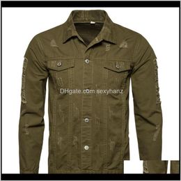 Outerwear & Mens Clothing Apparel Drop Delivery 2021 Cotton Men Casual Army Green Jacket Fashion Hole Style Coats Spring Autumn Slim Black Ja