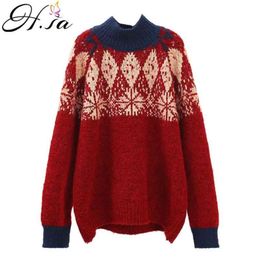Women Retro Vintage Oneck Snowflake Loose Sweater and Jumpers Half Turtleneck Casual Pull Sweaters Knitwear Red Tops 210430