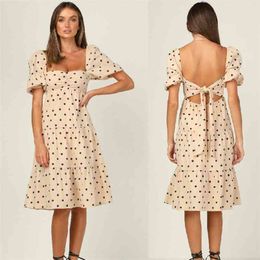 Summer Casual Temperament Women's Short-Sleeved Polka-Dot Square-Neck Big Dress Sexy Backless Lace-Up Knee-Length 210517