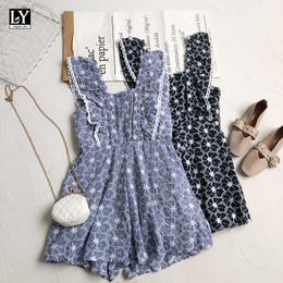 LY VAREY LIN Summer Women Holiday Print Jumpsuits Square Collar Embroidery Hollow Out High Waist Wide Leg Playsuits 210526