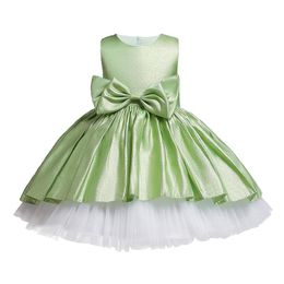 Girl's Dresses Toddler Shiny Princess Dress, Girls Tie-up Sleeveless Contrast Colour Round Neck Ball Gown With Bow