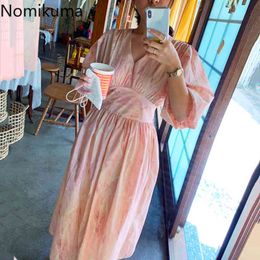 Nomikuma Printed Vintage Dresses V Neck Short Sleeve A Line Midi Dress Women Korean Style Slim Waist Lace Up Elegant Robe Femme 210514