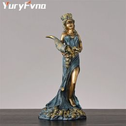 YuryFvna Greek Goddess of Luck and Fortune StatuesResin Blinded Lady Holding The Horn Wealth Roman Figurines Home Decor 211105