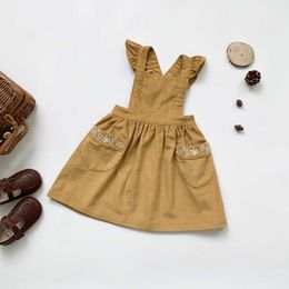 New Autumn Baby Girls Corduroy Suspenders Dress Embroidery Floral Korean Style Toddlers Kids Straps Dresses Q0716