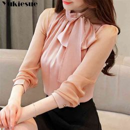 Autmun long sleeve shirt women fashion womens tops and blouses solid bow stand collar office blouses women blusas plus size 210519