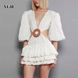 White Hollow Out Sexy Dress For Women V Neck Lantern Half Sleeve High Waist Pleated Dresses Female Summer Clothing 210531