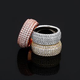Hip Hop With Side Stones Iced Out Zircon 5 Rows Rings Women Men Gold Silver Plated Bling Jewellery Gift
