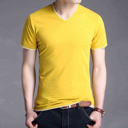 2021 New Fashion Brand T Shirt Men V Neck Solid Color Trends Streetwear Tops Summer Cotton Short Sleeve T-Shirt Mens Clothing G1229