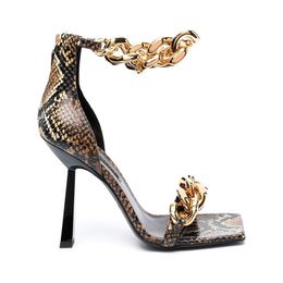 Ladies Genuine Real 2021 Leather High Heels Sandals Summer Casual Square Toe Gold Metal Party Wedding Dress Gladiator Zipper Sexy Shoes Snake Size 34-43
