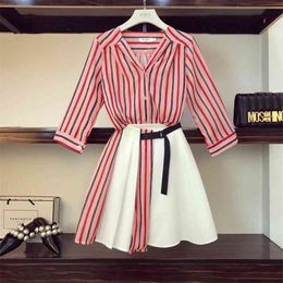 Women 2 Piece Set Spring chiffon Striped Blouse Shirts+High Waist Button Mini Skirts 2 Pieces Clothing Suits 210519
