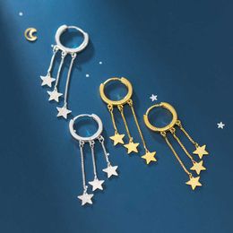 925 Strling Sliver Simple Long Chain Star Hoop Earring for Women Minimalist Style Fine Jewellery Brincos 210707