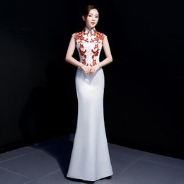 Ethnic Clothing Mandarin Collar Chinese Traditional Qipao Sequins Flower Embroidery Cheongsam Vintage Long Prom Party Dress Gown White Vesti