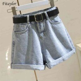 Fitaylor Streetwear High Waist Women Blue Denim Shorts With Belt Summer Casual Female Wide Leg Plus Size 2xl Jeans 210719