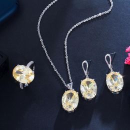 Earrings & Necklace CWWZircons Super Shiny Big Oval Yellow Cubic Zirconia Crystal Earring Ring Chic Engagement Jewelry Set For Women T573