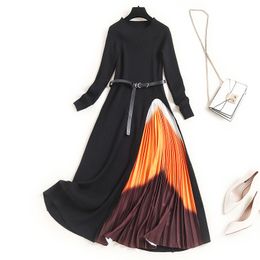 Autumn Winter Elegant Knitted Patchwork Gradient Orange Pleated Women Long Sleeve Sweater One-Piece Midi Dress With Belt 210416