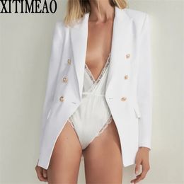 ZA Women Fashion With Metal Buttons Blazers Coat Vintage Long Sleeve Back Vents Female Outerwear Chic Tops 211006