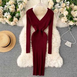 Knitted dress women's autumn winter sexy deep v-neck long sleeve slim bodycon basic warm sweater 210603