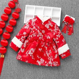 Baby Birthday Gift Suit Year Children Thicken Red Embroidery tangsuit Kids Warm Clothes Girls Vintage Qipao Long Sleeve 210701