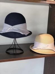 202104-xushen Pearl Ribbon Formal Paper Grass Leisure Lady Bucket Cap Women Fishermen Hat Wide Brim Hats
