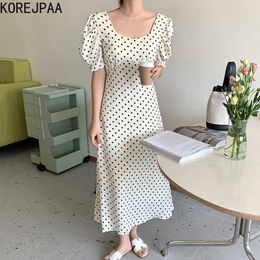Korejpaa Women Dress Summer Korean Chic Ladies Retro Temperament Square Collar High Waist Lace-Up Puff Sleeve Vestidos 210526