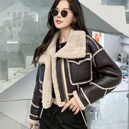 Designers Women Real Shearling Lamb Fur Jackets Winter Double Face Coats Lady Crop Jacket Thick Warm Genuine Leather S3659