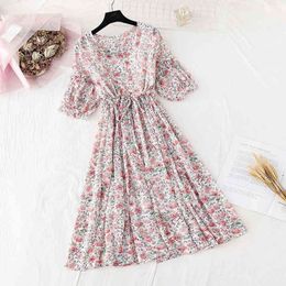 Women Floral Print Dress Summer Vintage Elastic Waist Chiffon Dresses Slim Short Sleeve Office A-line Dress Vestidos 210521