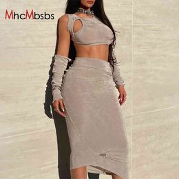 2 Piece Sets Women Beach Party Outfits Summer Sexy Backless Long Sleeve Bodycon Crop Top High Waist Midi Skirts Casual Clothes 210517