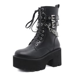 2022 Spring Autumn Lace-Up Motorcycle Boots For Women Round Toe Thick Platform High Heels Female Ankle Boots Gothic Style Shoes