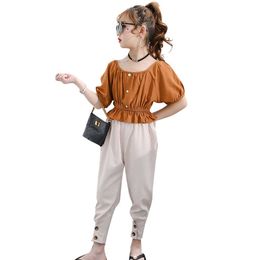 Children Clothes Solid Tshirt + Pants Costume For Girls Casual Style Big Summer Children's Tracksuit 6 8 10 12 14 210528