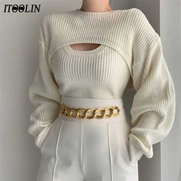 ITOOLIN Women Two Pieces Sweater Autumn Long Sleeve Turtleneck Pullover Knitted Sweater For Women Solid Shawl+Vest Basic Sweater 211215