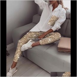 Two Piece Womens Apparel Drop Delivery 2021 Women Sets Sequins Long Sleeve Shirt Dress Turn-Down Collar Casual Elastic Glitter Shiny Pants Au